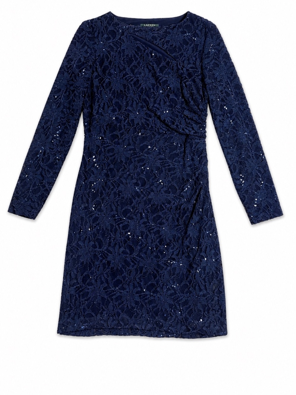 Lauren Ralph Navy Lace Sequin Long Sleeve Cutout Cocktail Dress Fall - Picture 3 of 5